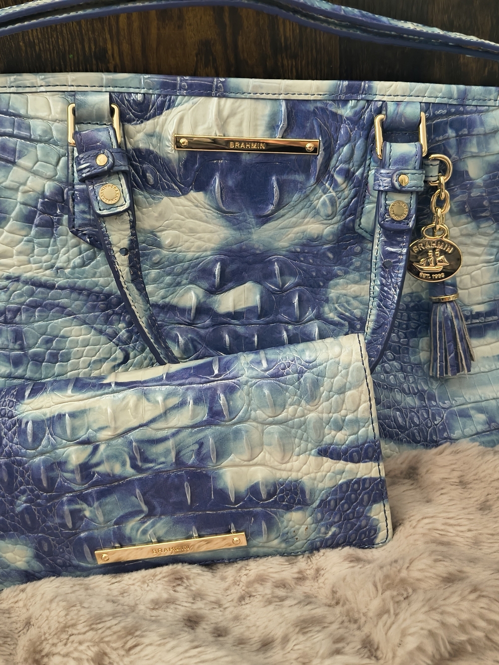Brahmin Blue Croc-Embossed Tote with Matching Wallet